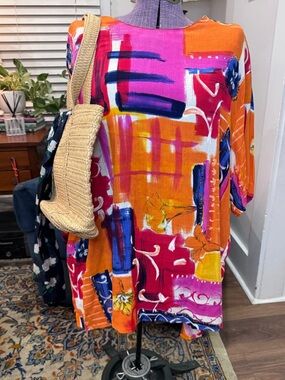 Vintage 3X Abstract Print Tunic/dress/coverup. Boho bright flowy soft comfy arty
